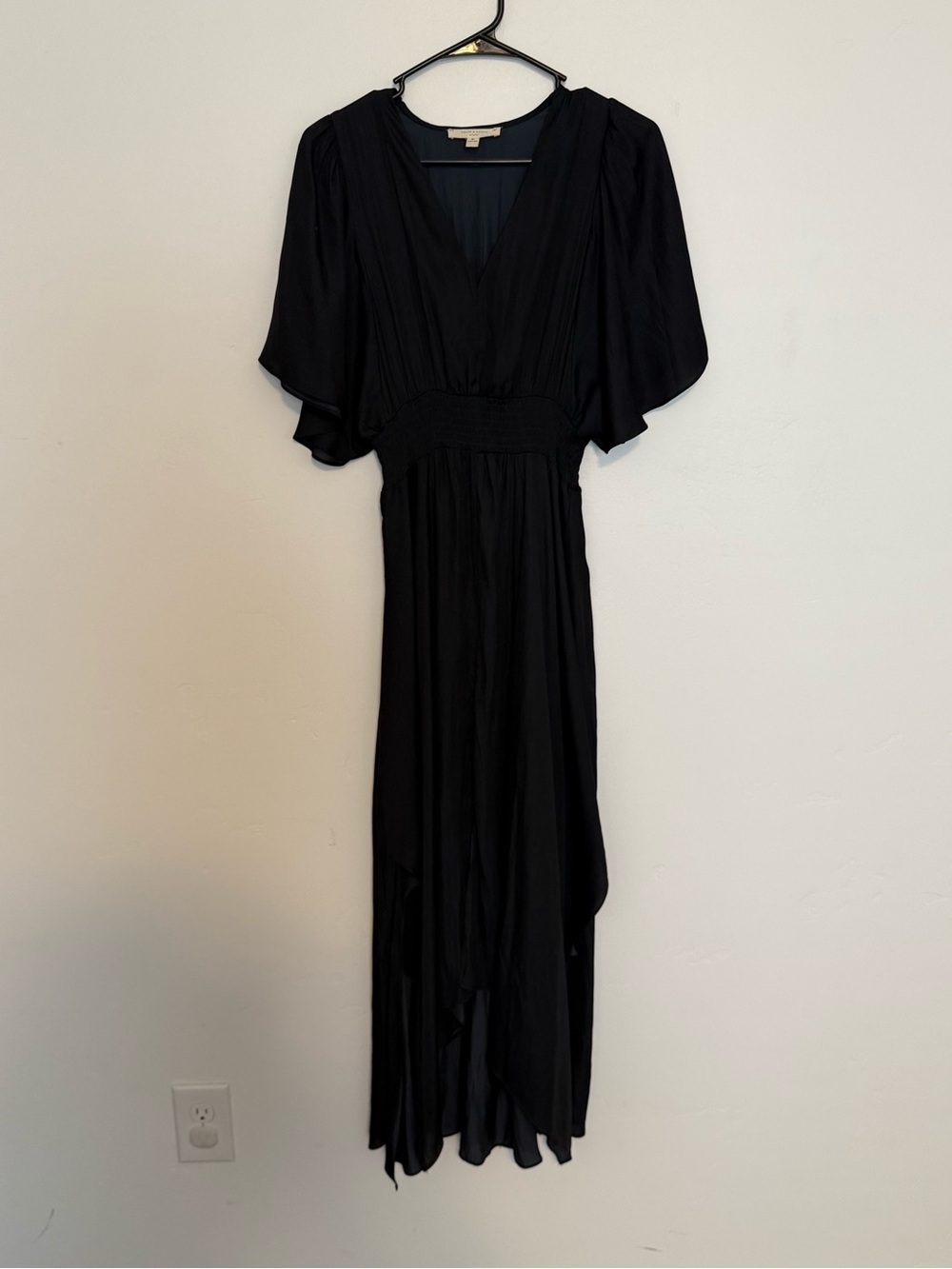 Black Flutter-Sleeve Maxi Dress with Smocked Waist